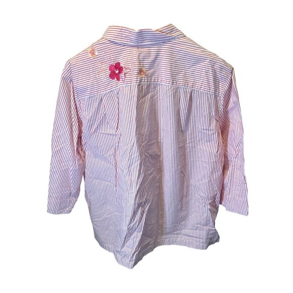 Bechamel Pink White Striped Floral Embroidered 3/4 Sleeve Button Up Top Sz XL - Picture 2 of 7